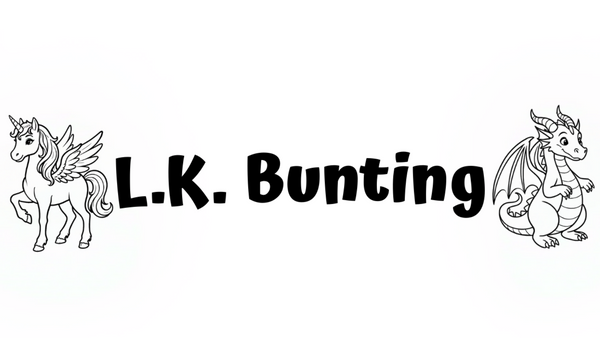 Logo of L.K. Bunting with a unicorn and dragon on a white background